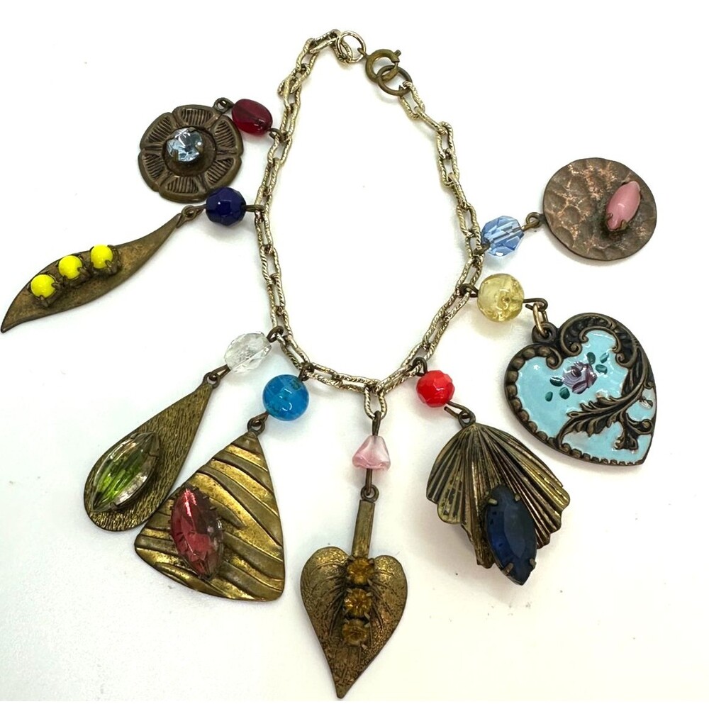 Vintage Charm Bracelet Victorian Revival Art Deco Glass Enamel Heart Rhinestone